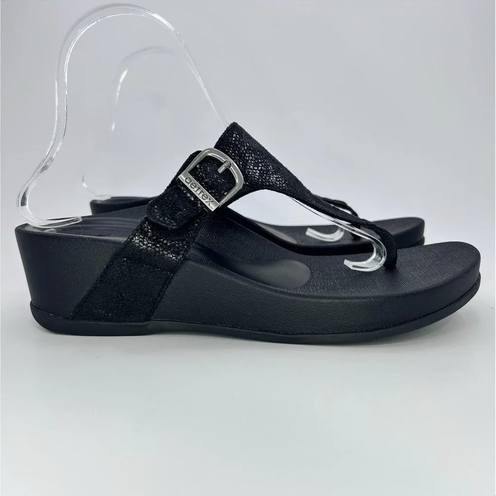 Aetrex Kate Thong Wedge Sandals Womens US 9.5 EUR 40 Black Arch Support Orthotic
